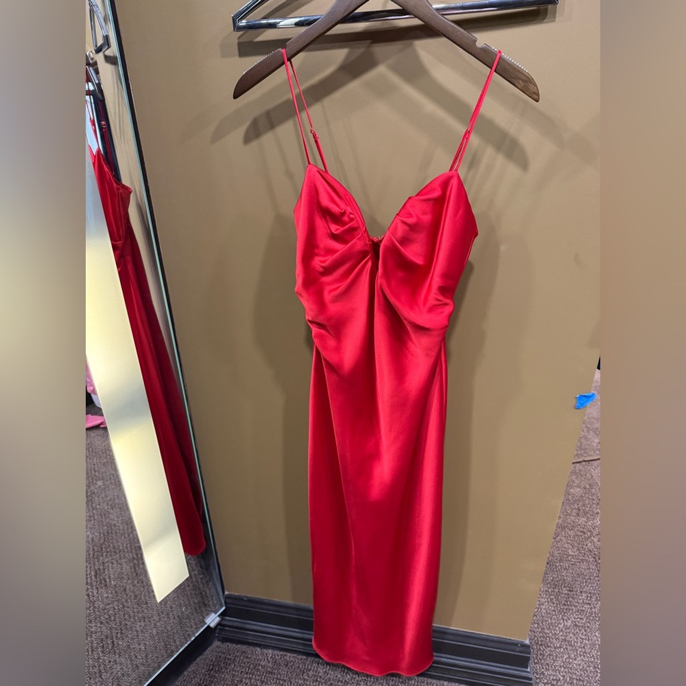 Sexy Zara Red Satin Plunging Slip Dress with Thin Straps